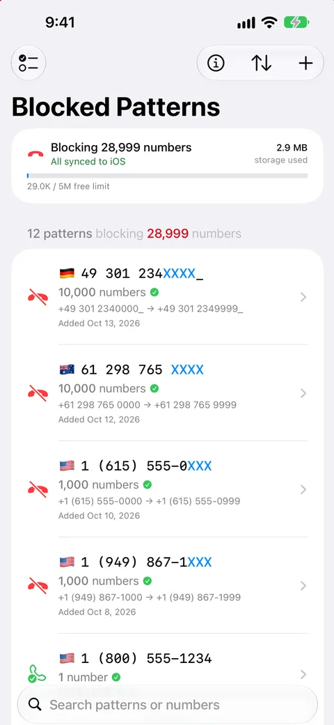 Phone Pattern Blocker’s list of blocked patterns