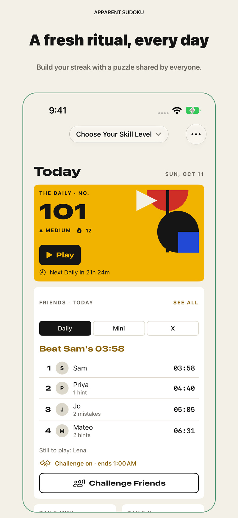 Apparent Sudoku on iPhone: Today with the Daily card, its streak and the friends race.