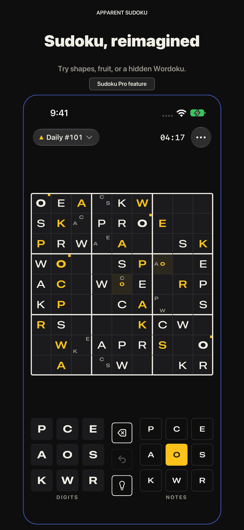 “Sudoku, reimagined”: a Wordoku board in dark mode with letters in place of digits, a Sudoku Pro feature.